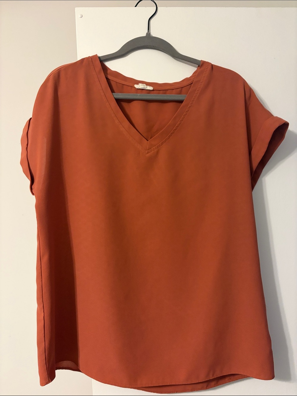 V-Neck Short Sleeve Blouse - Pinkish Orange/Rust Orange